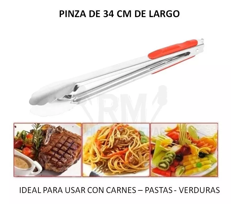 Pinza Carne Acero Inox Mango 34cm - Con Traba Y Resorte - Imagen 4